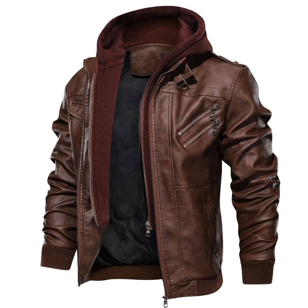 Free Sample Men Motorcycle Leather Jacket Hooded Autumn Fashion Wear