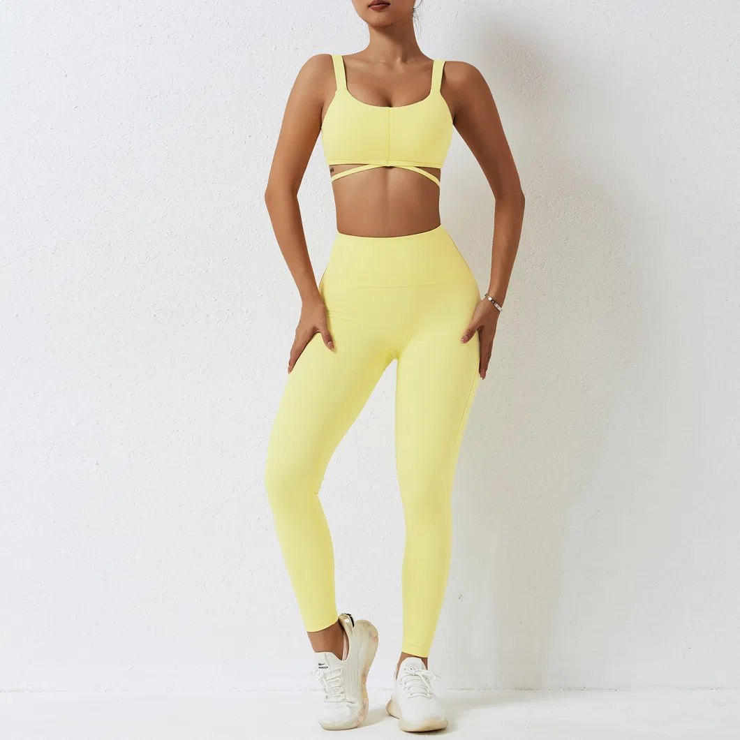 Solid Color Yoga Set Tight Leggings Sports Fitness Cross Gym Bra Top 2PCS Soft Sport Suit Workout Training for Women Sportwear