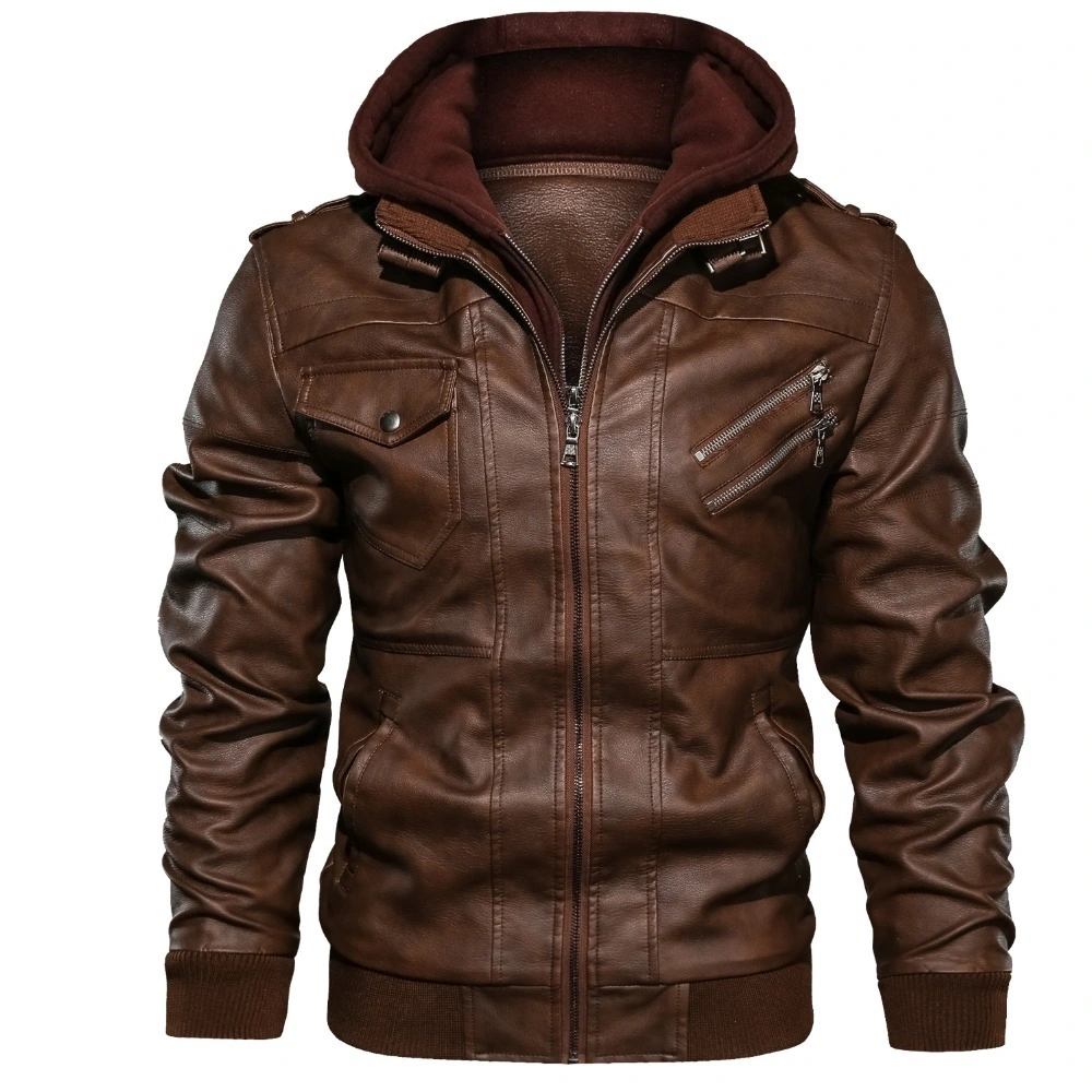 Free Sample Men Motorcycle Leather Jacket Hooded Autumn Fashion Wear