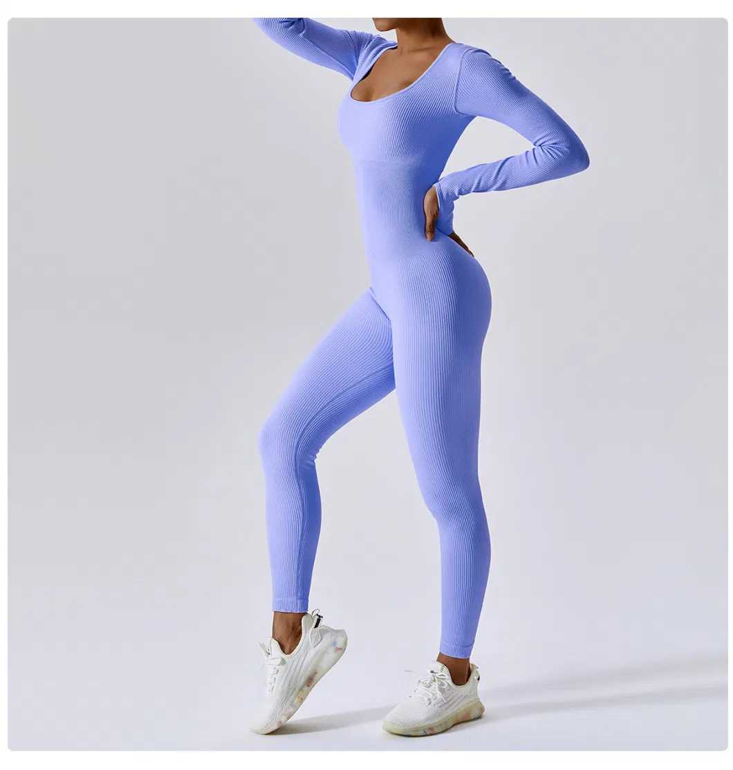 Female Seamless Yoga Bodysuit Dance Fitness Exercise Set Tight Long-Sleeved Yoga Wear